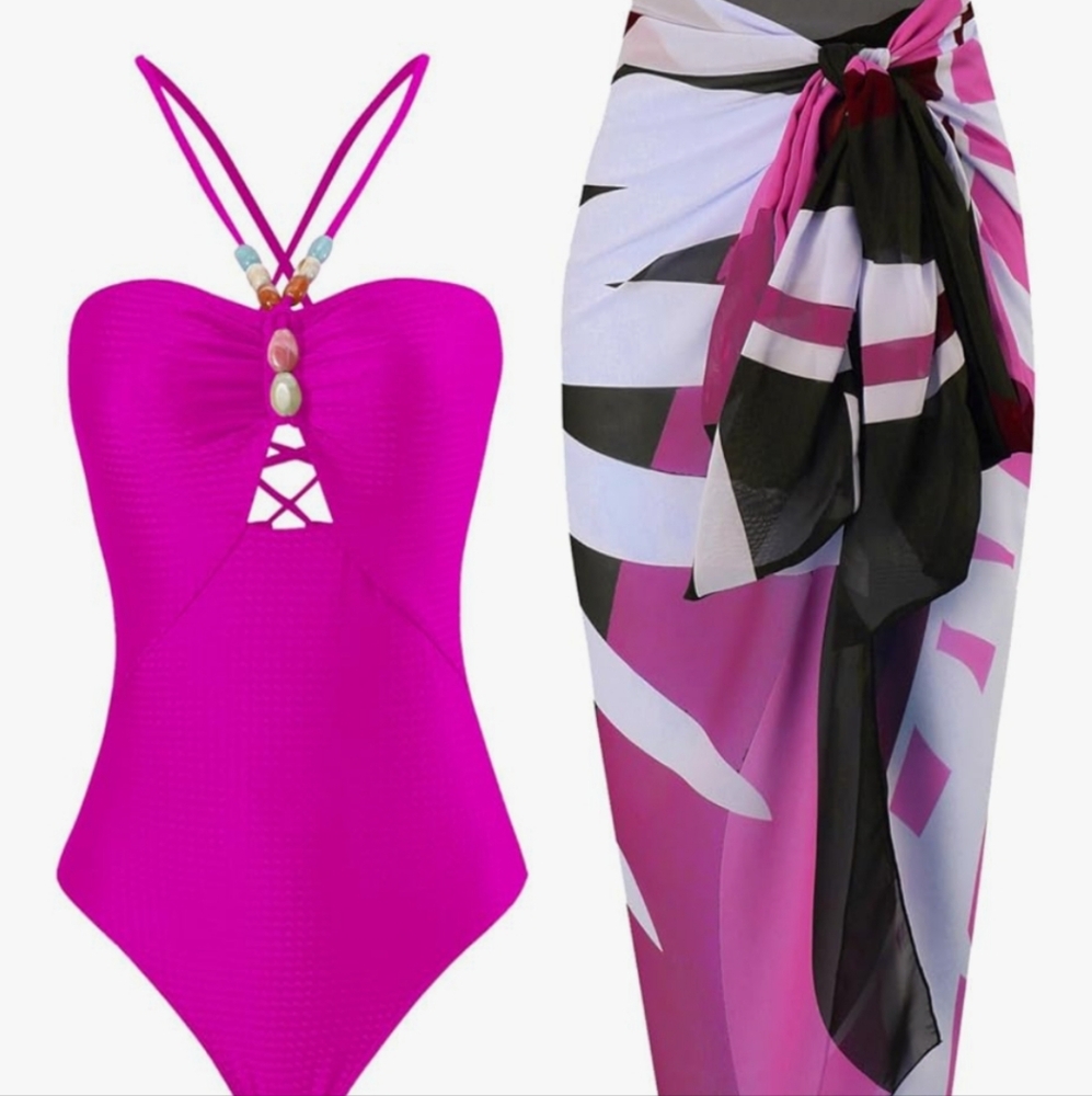 Fuchsia One Piece Swimsuit with Abstract Sarong